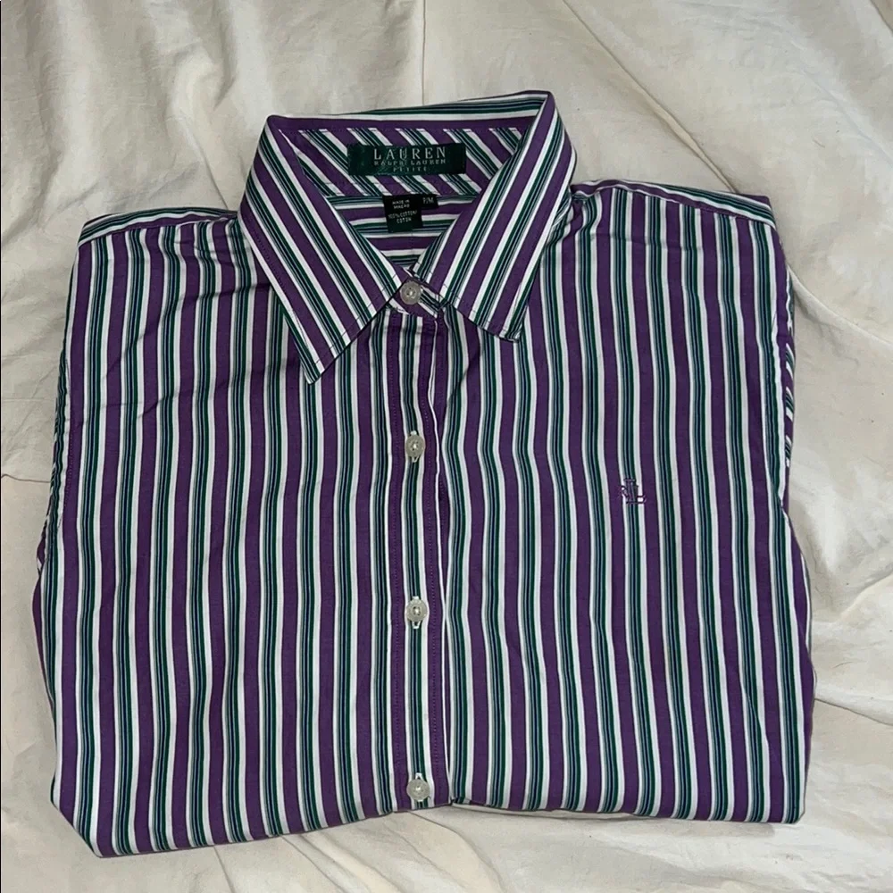 Vintage Ralph Lauren Petite Green and Purple Striped Button Up - Picture 3 of 6